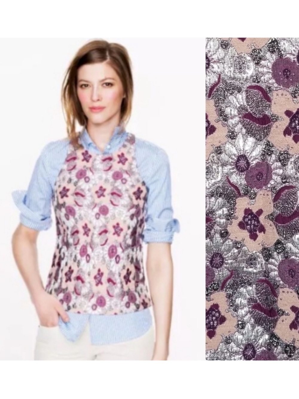 J. Crew Collection Floral Metallic Jacquard Shell Top with Stripe Shirt 4